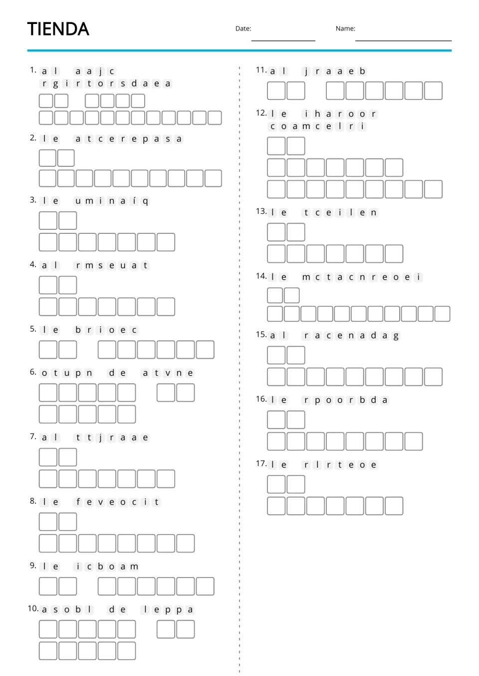 Spanish shop vocabulary anagrams for 17 terms, including la tarjeta (card) and el recibo (receipt)