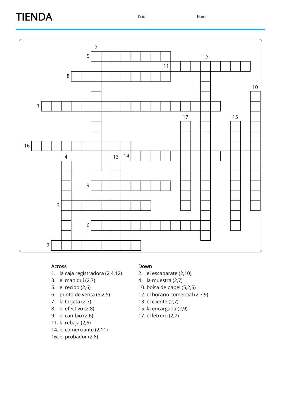 Spanish shop vocabulary copy-word crossword using 17 terms, including el cliente (customer)