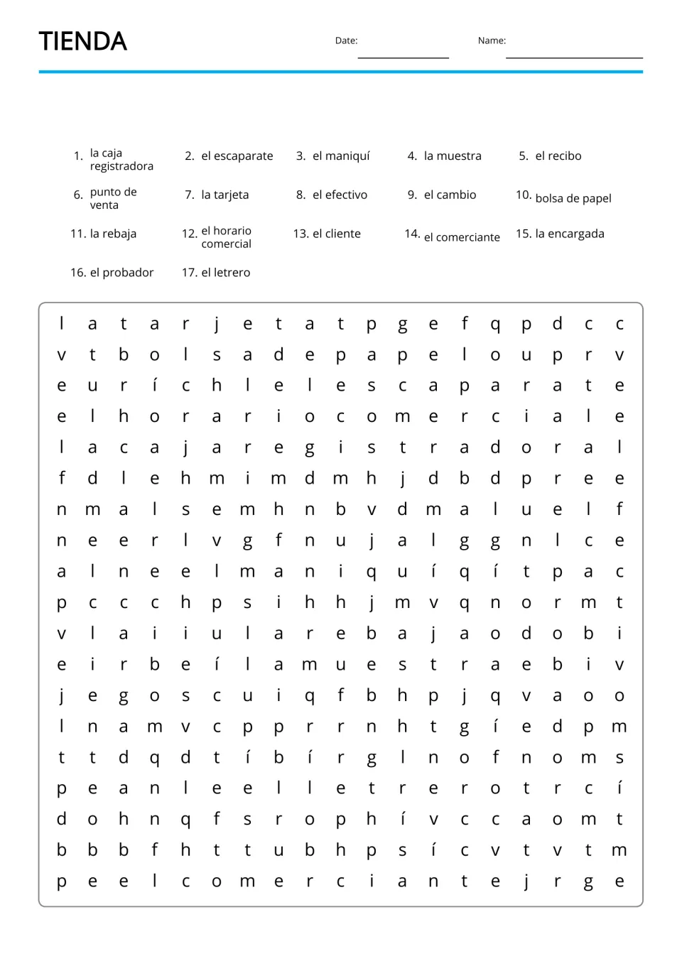 Spanish shop word search for 17 listed terms, including el cambio (change) and la rebaja (discount)