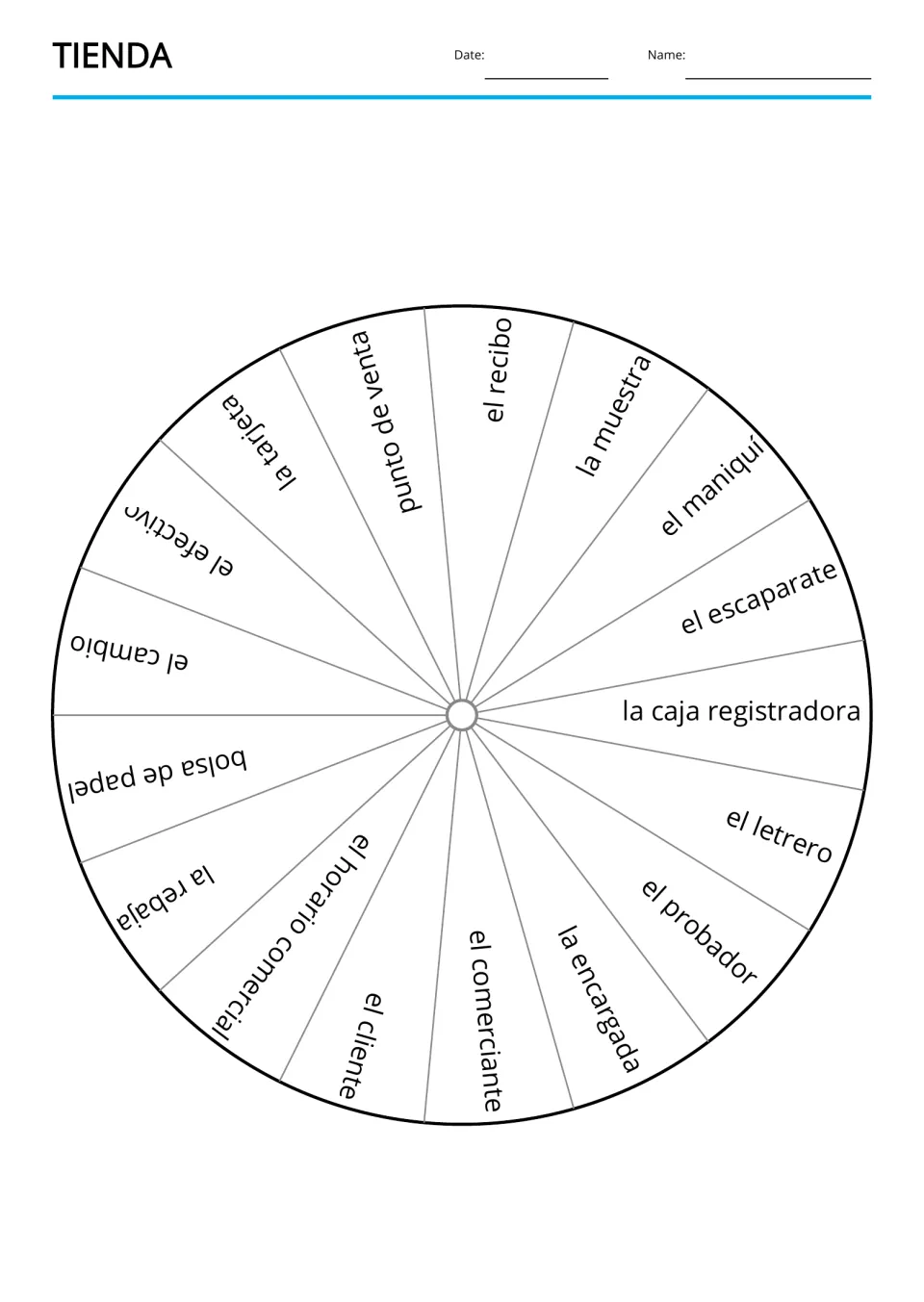Spanish shop vocabulary wheel displays 17 terms, including la muestra (sample) and el letrero (sign)