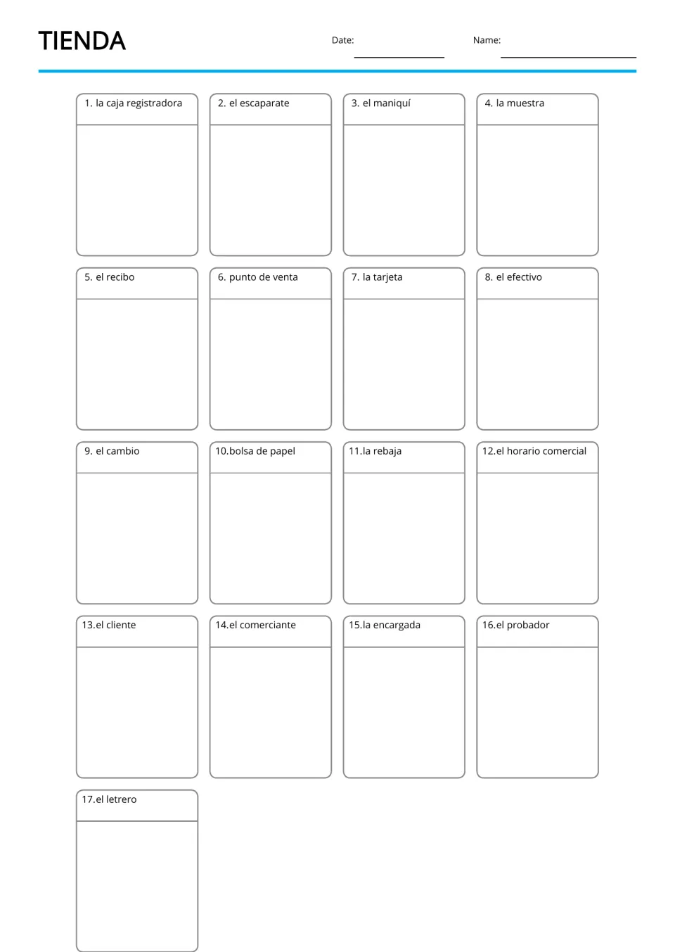 Spanish shop blank writing boards for 17 terms, including la caja registradora (cash register)