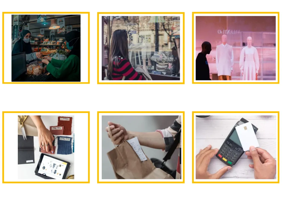 Shop vocabulary photo cards 1–6: checkout, store window, mannequins, fabric samples, receipt and card payment