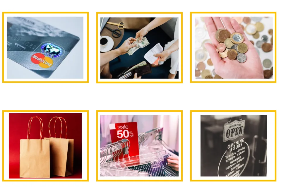 Shop vocabulary photo cards 7–12: credit card, cash payment, coins, paper bags, sale sign and opening hours