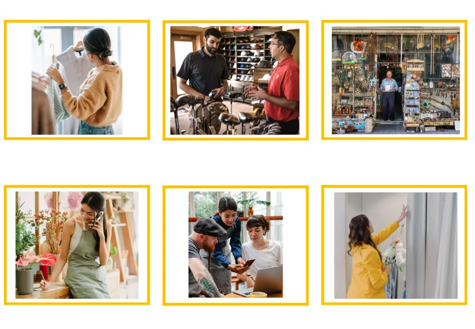 Shop vocabulary photo cards 13–18 show clothing shopping, shop workers, a storefront and a fitting room