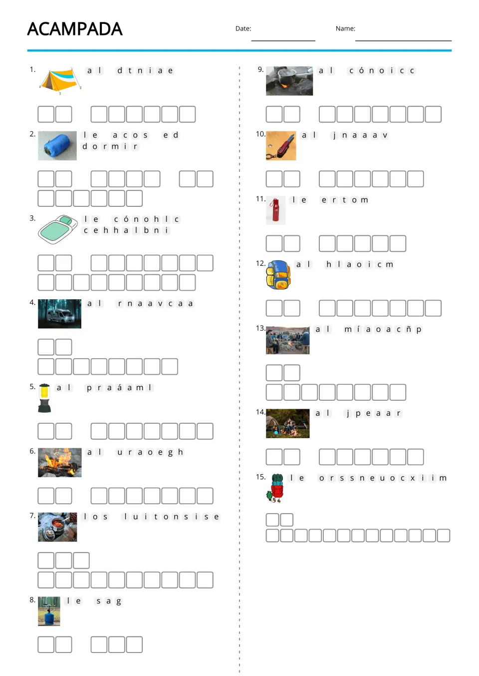 Acampada (camping) Spanish anagram worksheet: 15 picture clues for tent, sleeping bag, campfire and more
