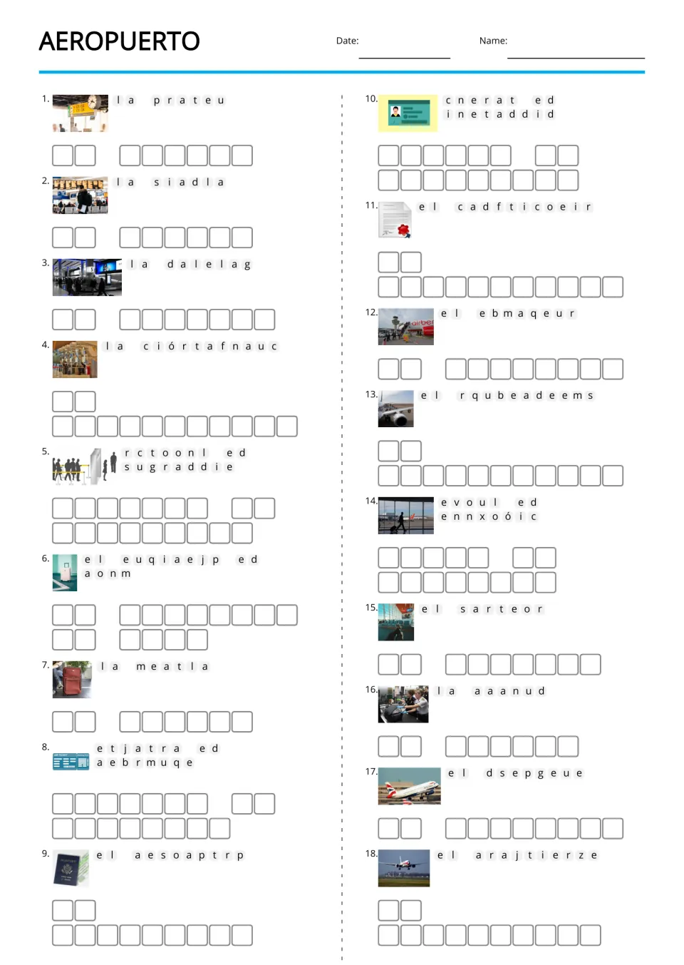 Aeropuerto (airport) Spanish anagram worksheet: 18 picture clues for luggage, passport, takeoff and more