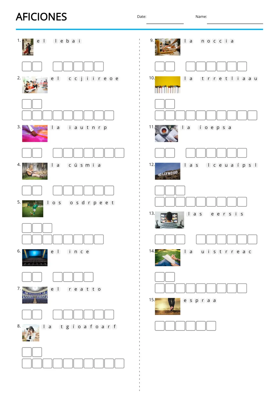 Aficiones (hobbies) Spanish anagram worksheet: 15 picture clues for dance, painting, music and more