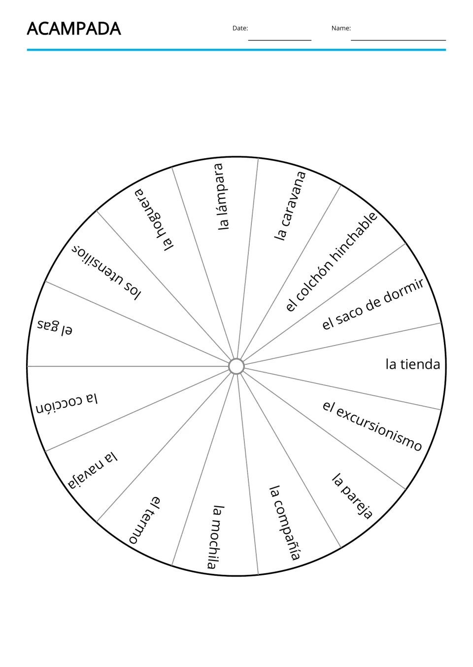 Camping vocabulary wheel: la tienda (tent), la mochila (backpack), la hoguera (campfire), and 12 more terms