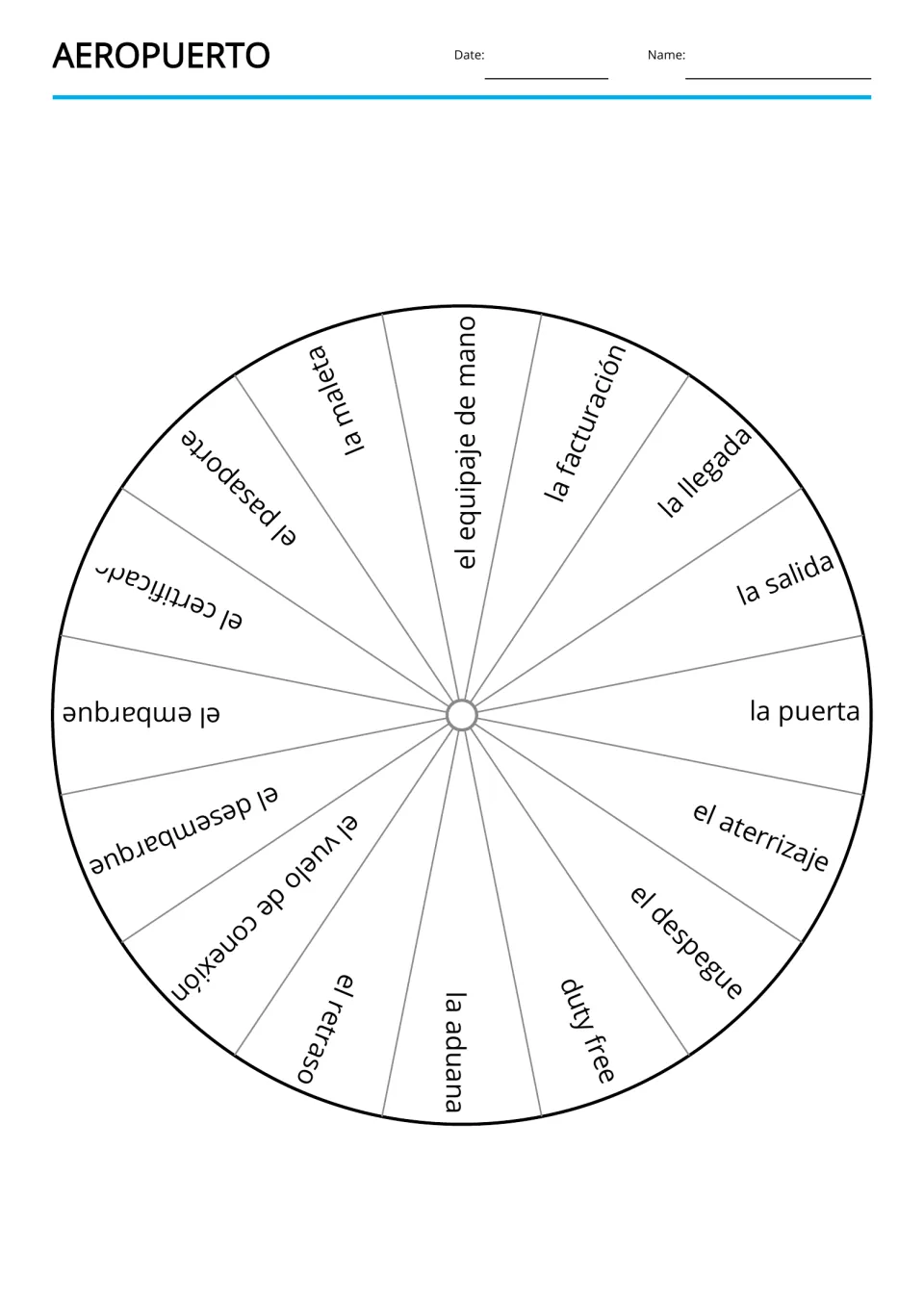 Airport vocabulary wheel: la maleta (suitcase), el pasaporte (passport), la llegada (arrival), and 13 more terms