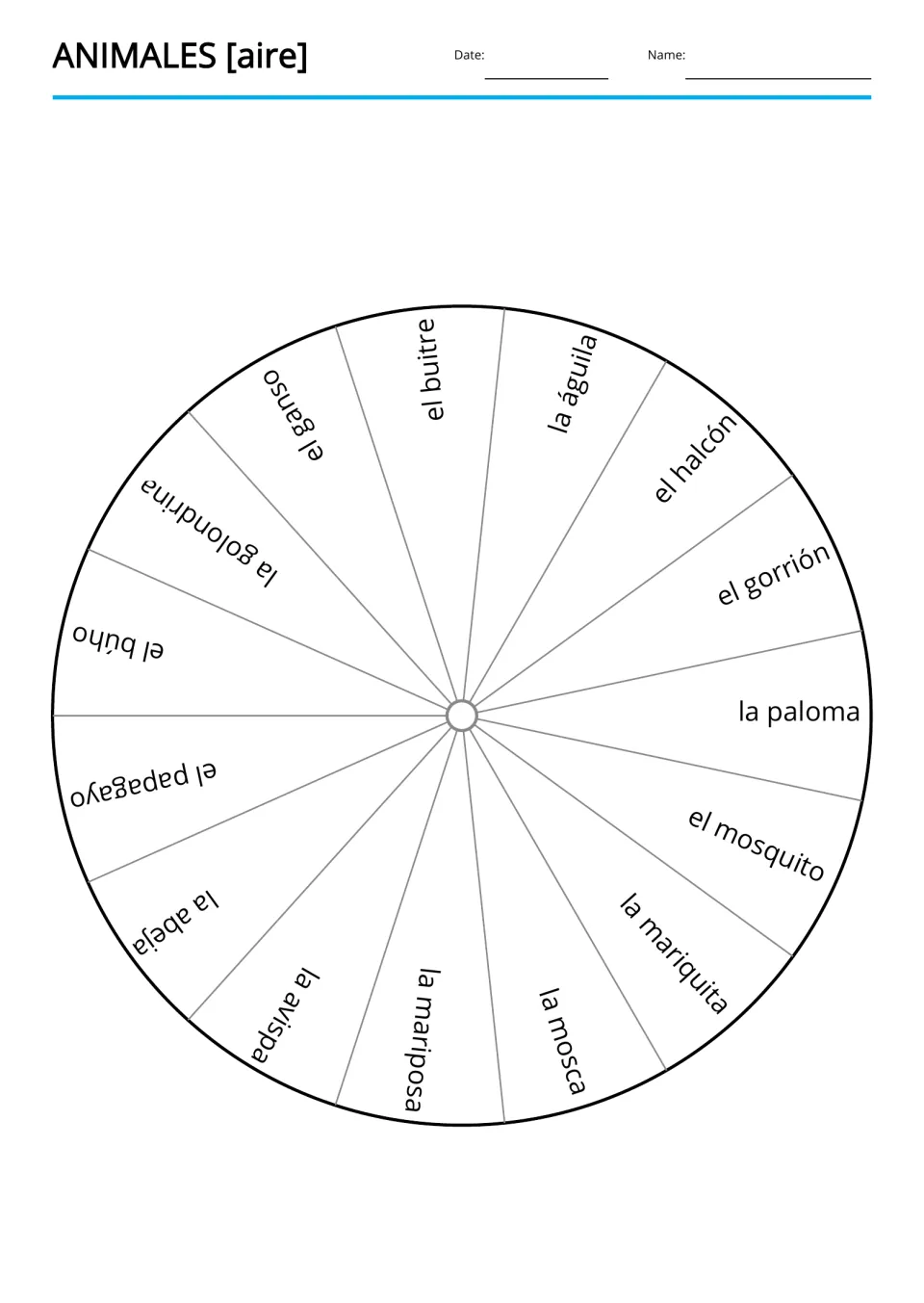 Flying animals vocabulary wheel: el águila (eagle), el búho (owl), la mariposa (butterfly), and 12 more terms