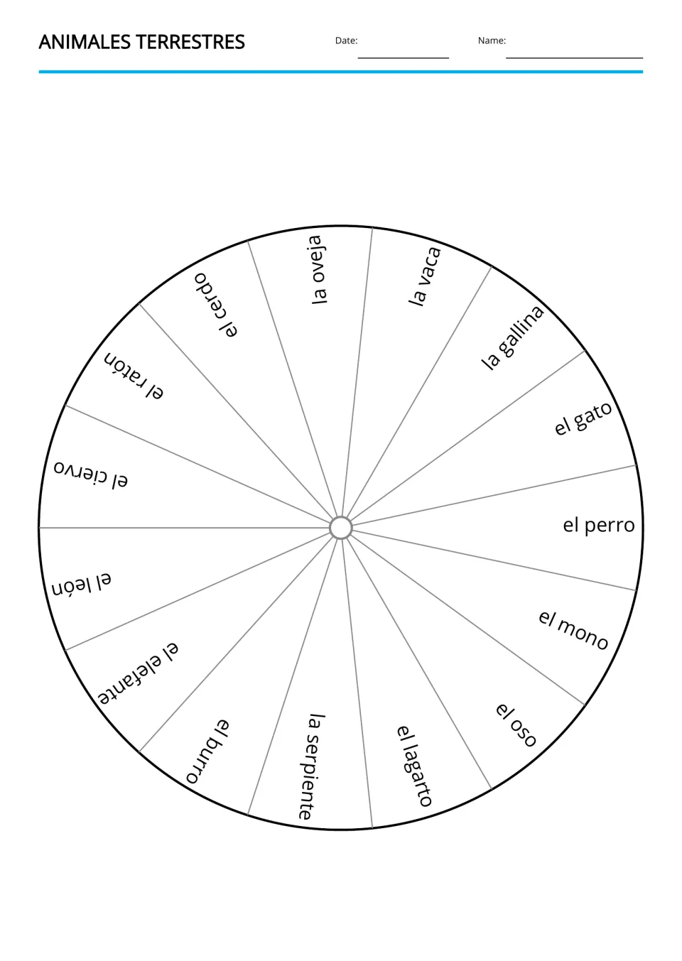 Land animals vocabulary wheel: la vaca (cow), el gato (cat), el perro (dog), and 12 more animal names