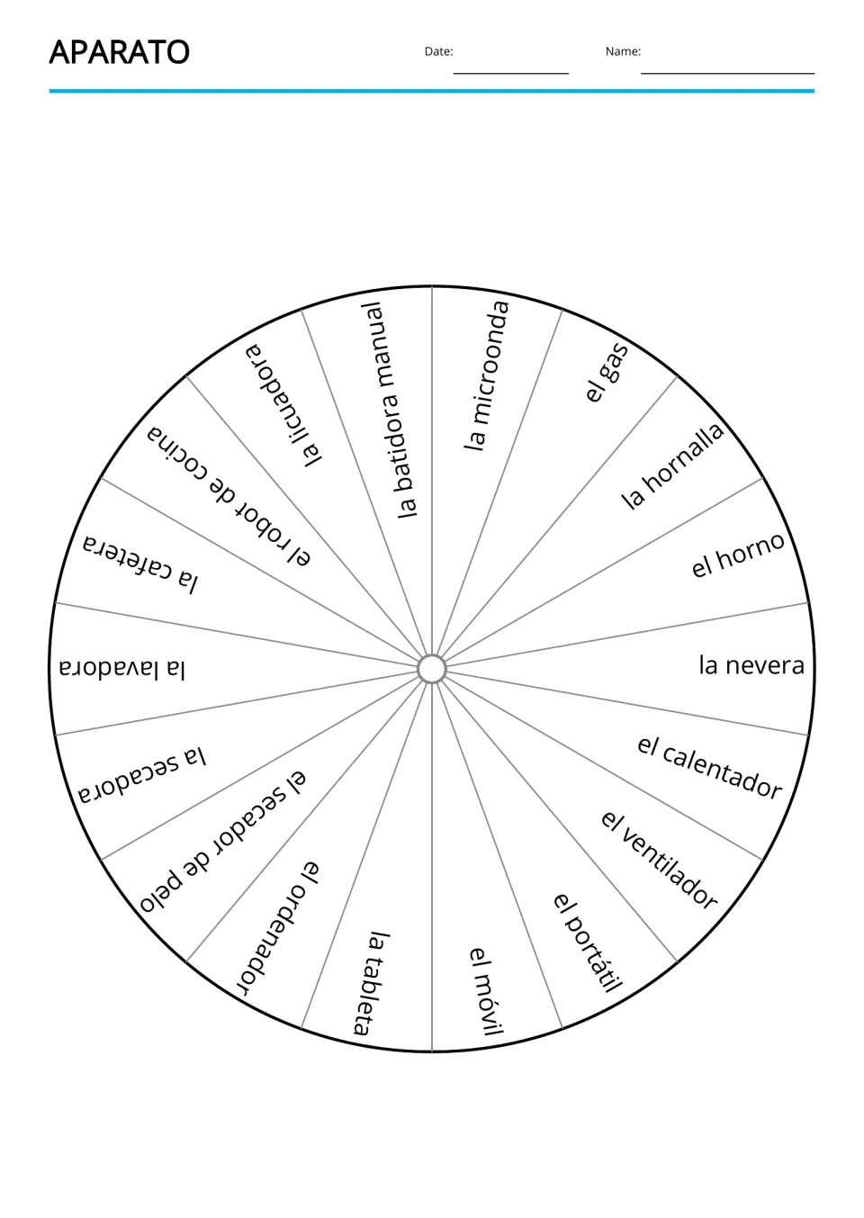 Devices vocabulary wheel: la nevera (refrigerator), el horno (oven), la lavadora (washer), and 15 more terms