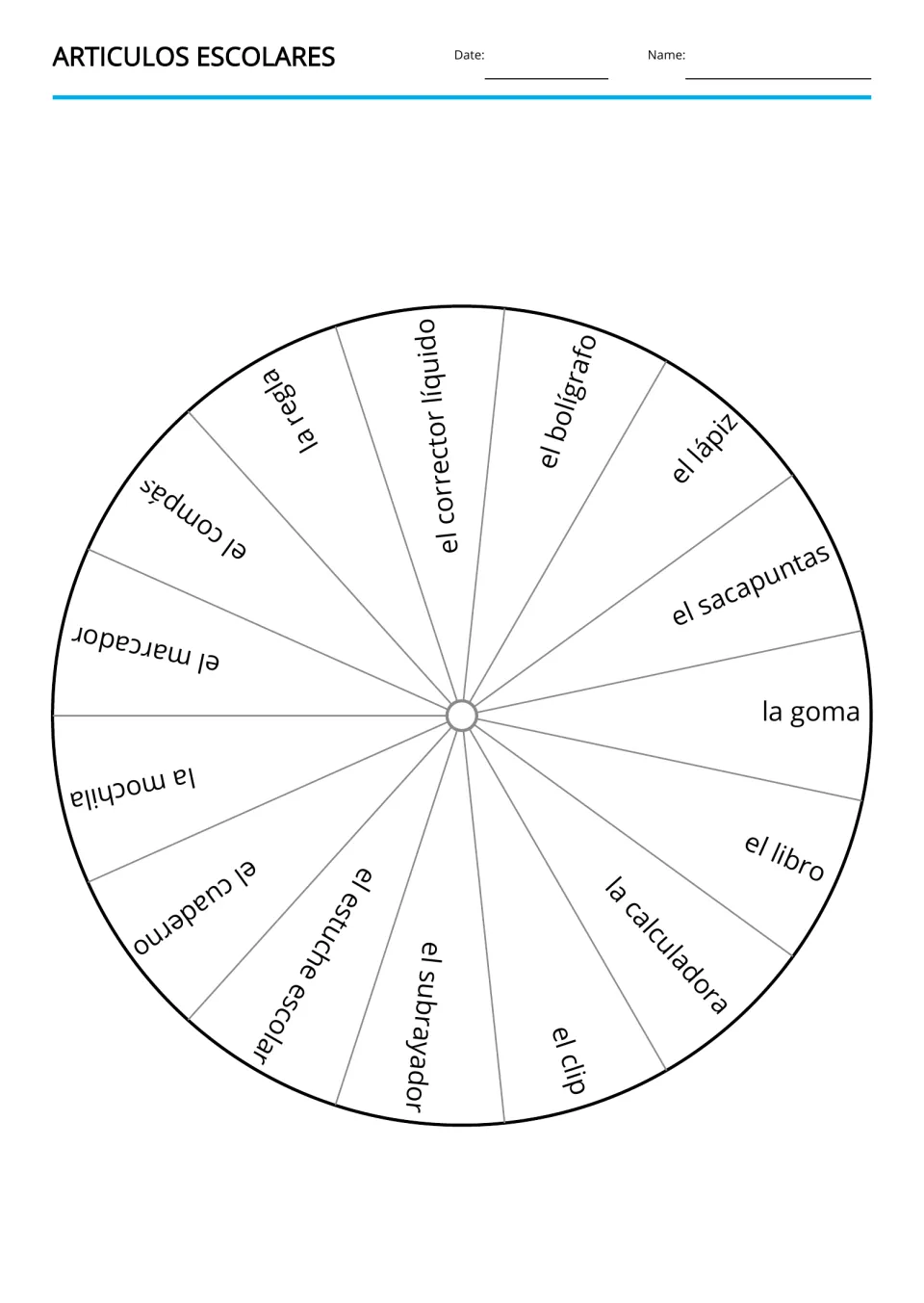School supplies vocabulary wheel: el lápiz (pencil), la goma (eraser), la regla (ruler), and 12 more terms