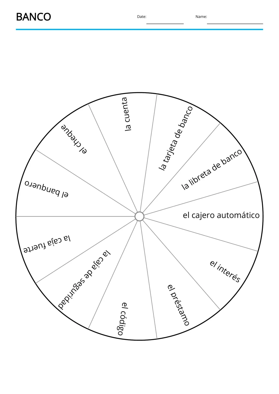 Bank vocabulary wheel: la cuenta (account), el cheque (check), el préstamo (loan), and eight more terms