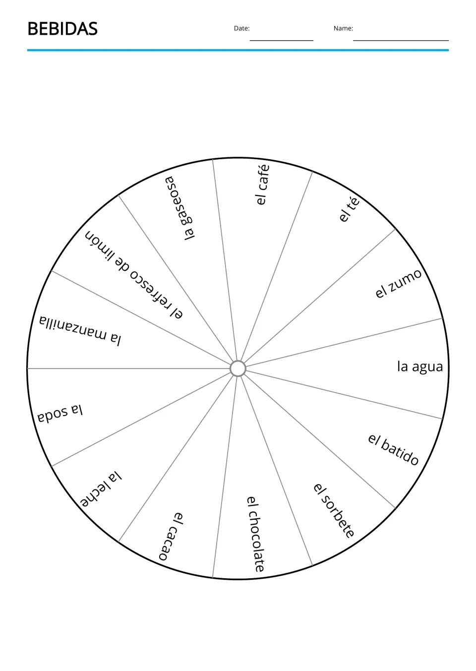 Drinks vocabulary wheel: el café (coffee), el té (tea), el zumo (juice), la leche (milk), and nine more terms