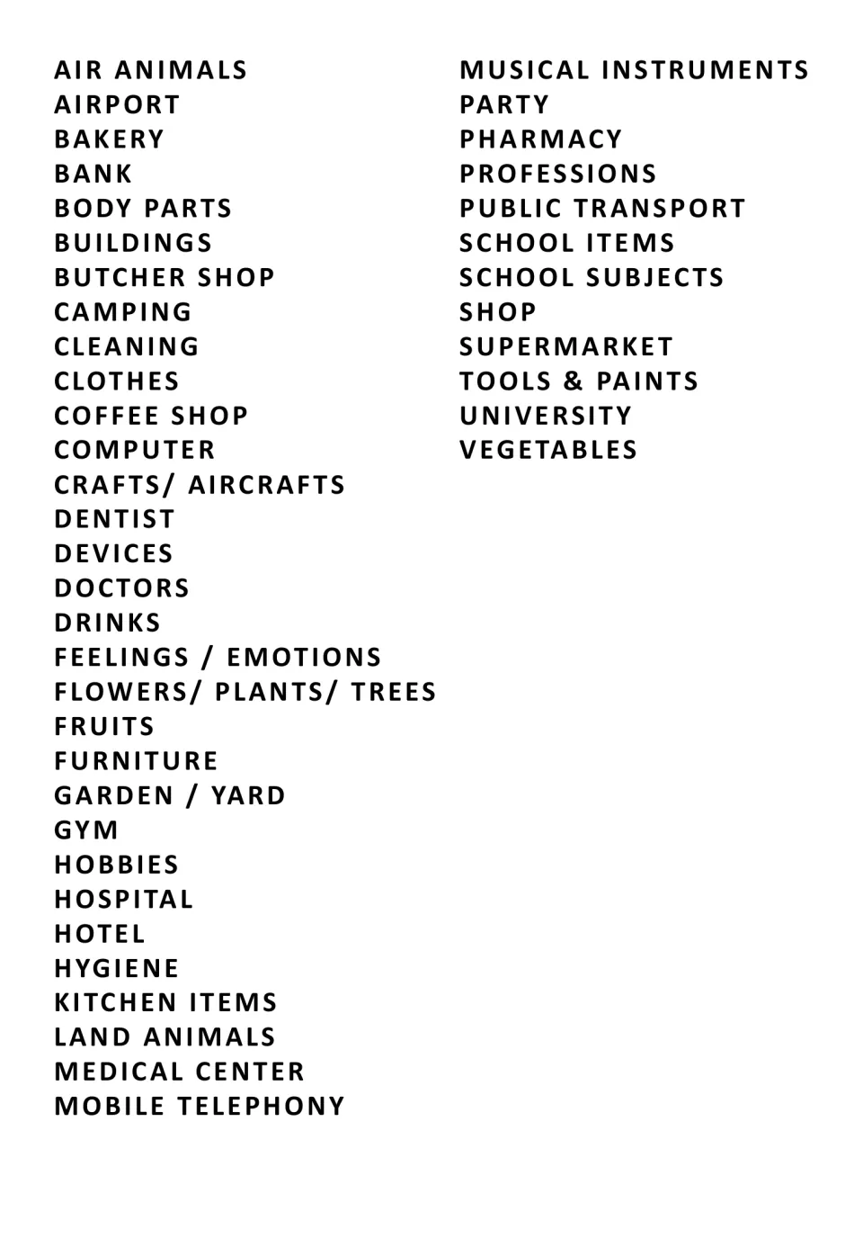 Spanish word search theme list: 43 topics including camping, airport, hobbies, air animals and land animals