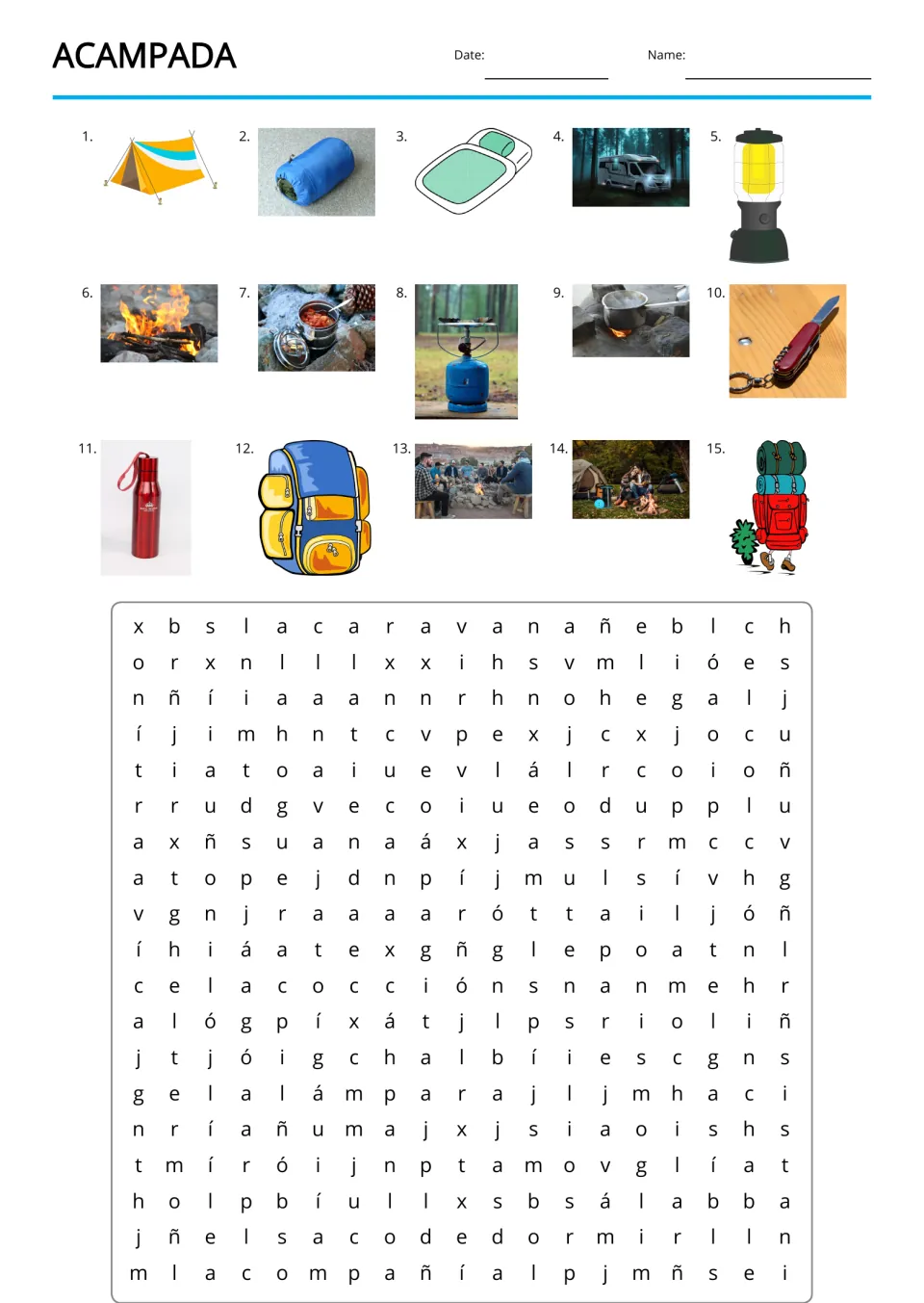 Acampada (camping) Spanish word search with 15 picture clues, including a tent, sleeping bag and lantern