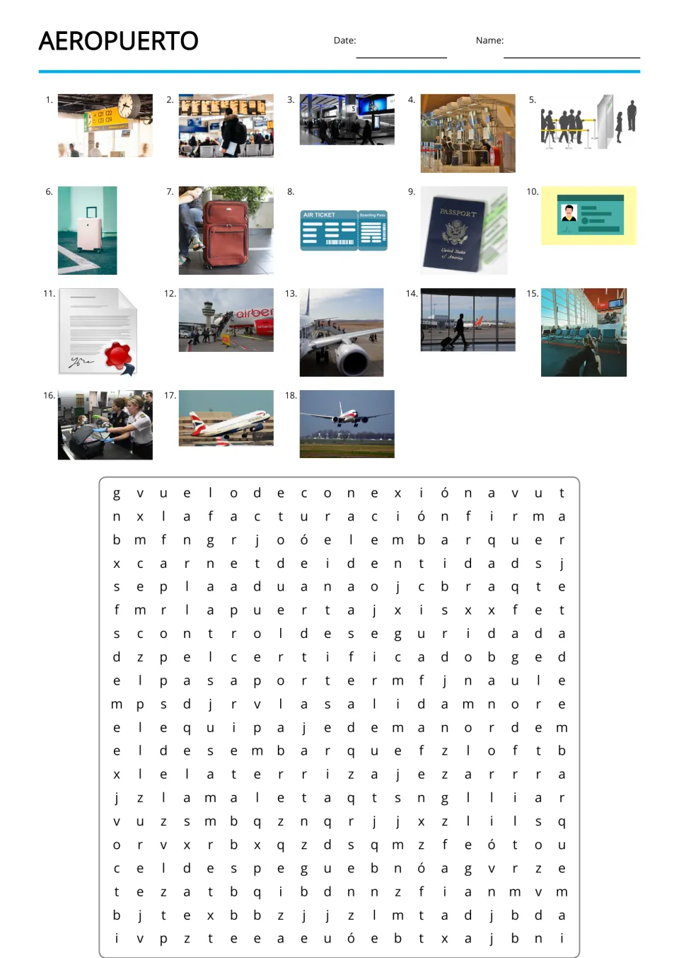 Aeropuerto (airport) Spanish word search with 18 picture clues, including luggage, a passport and takeoff