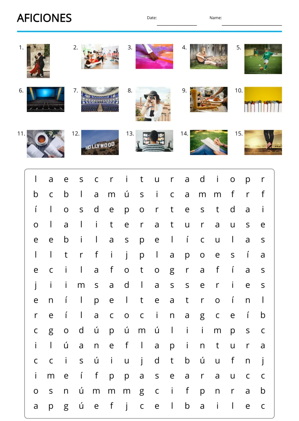 Aficiones (hobbies) Spanish word search with 15 picture clues, including dancing, painting and photography