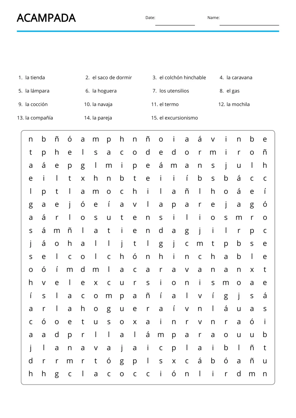 Acampada (camping) Spanish word search with 15 entries, including la tienda (tent) and la mochila (backpack)