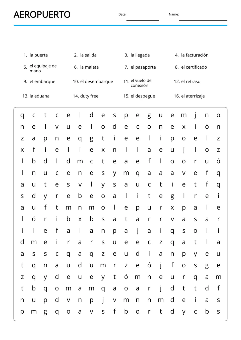 Aeropuerto (airport) Spanish word search with 16 entries, including la maleta (suitcase) and el pasaporte (passport)