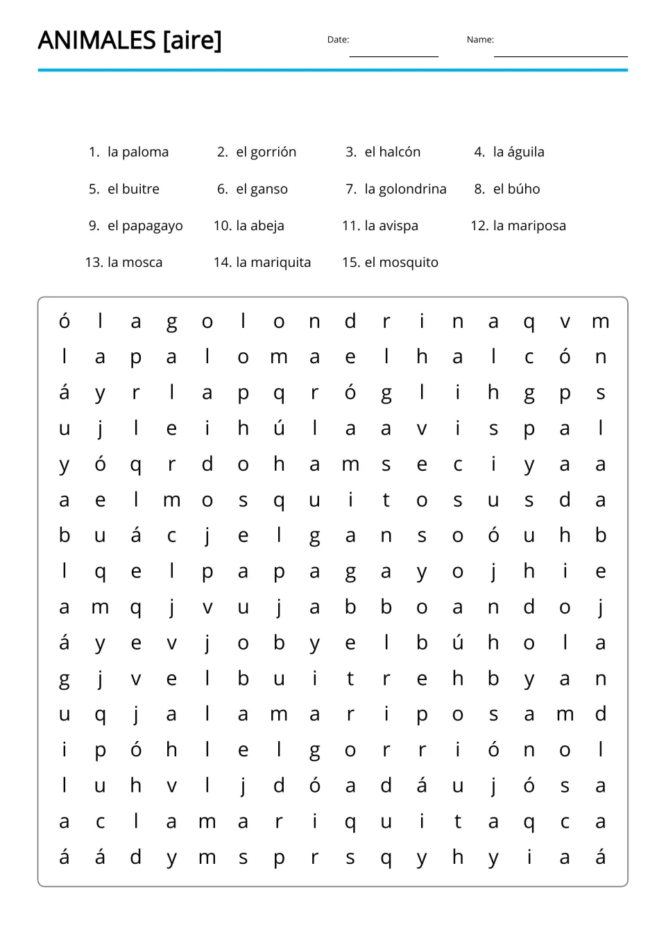 Animales [aire] (air animals) Spanish word search with 15 entries, including la paloma (dove) and el búho (owl)