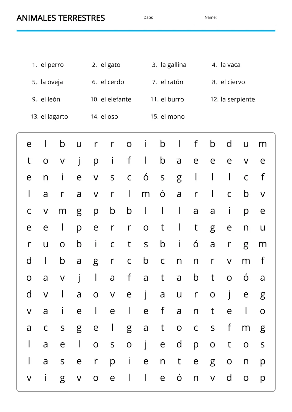 Animales terrestres (land animals) Spanish word search with 15 entries, including el perro (dog) and el gato (cat)