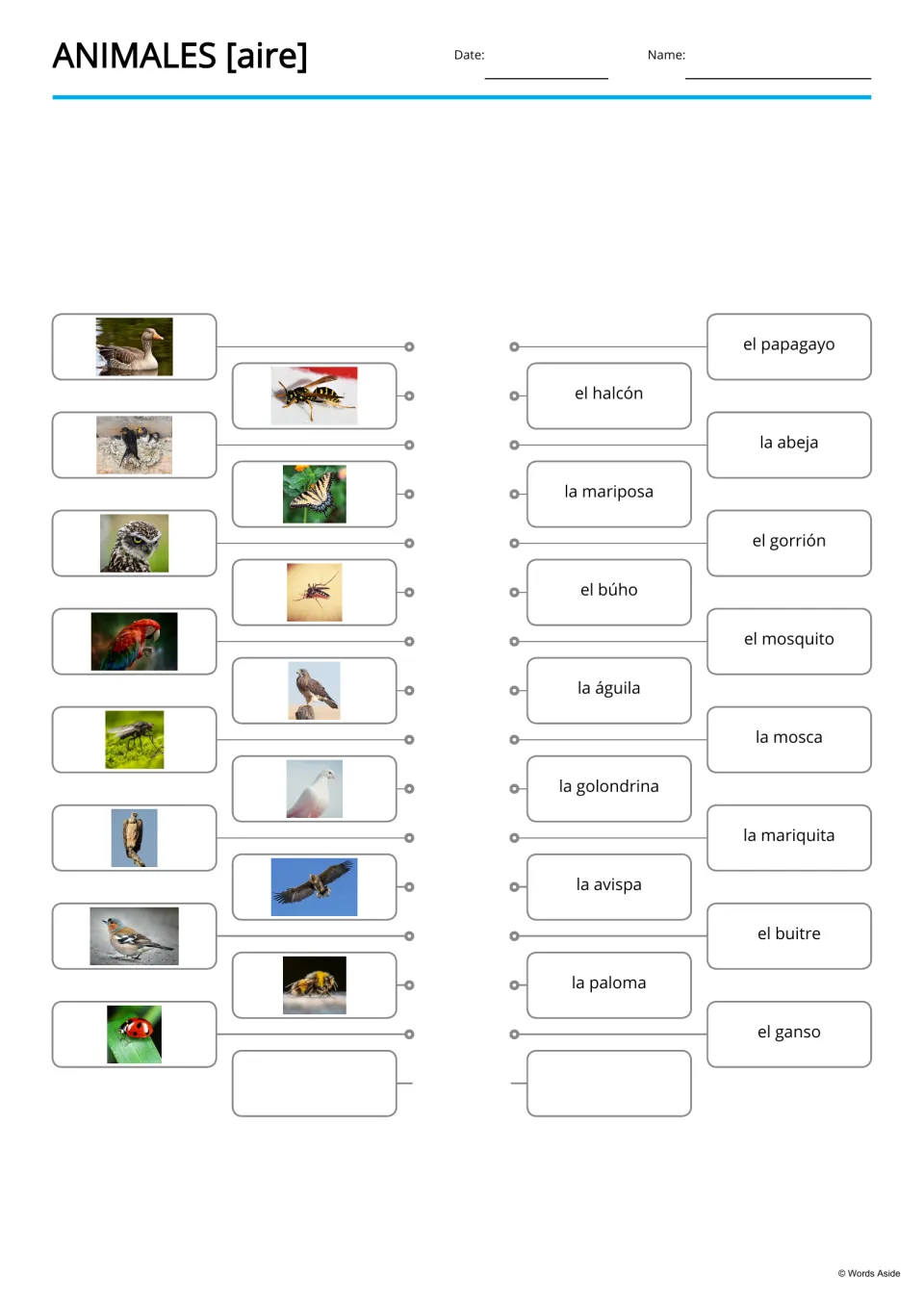 Spanish picture-to-word matching for 15 animals, including buitre (vulture), abeja (bee), and ganso (goose)