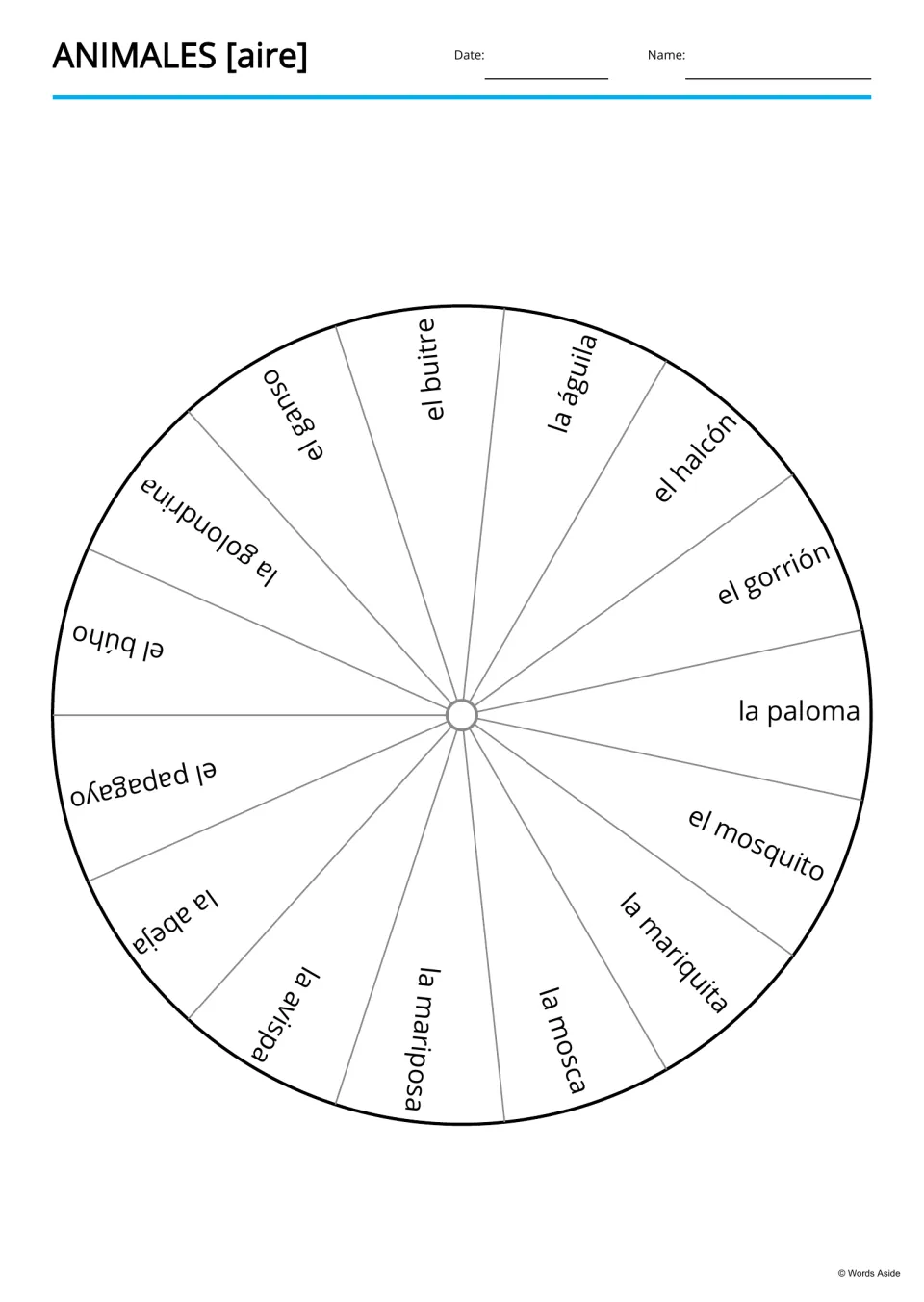 Spanish vocabulary word wheel includes el ganso (goose), el búho (owl), la abeja (bee), and 12 more names