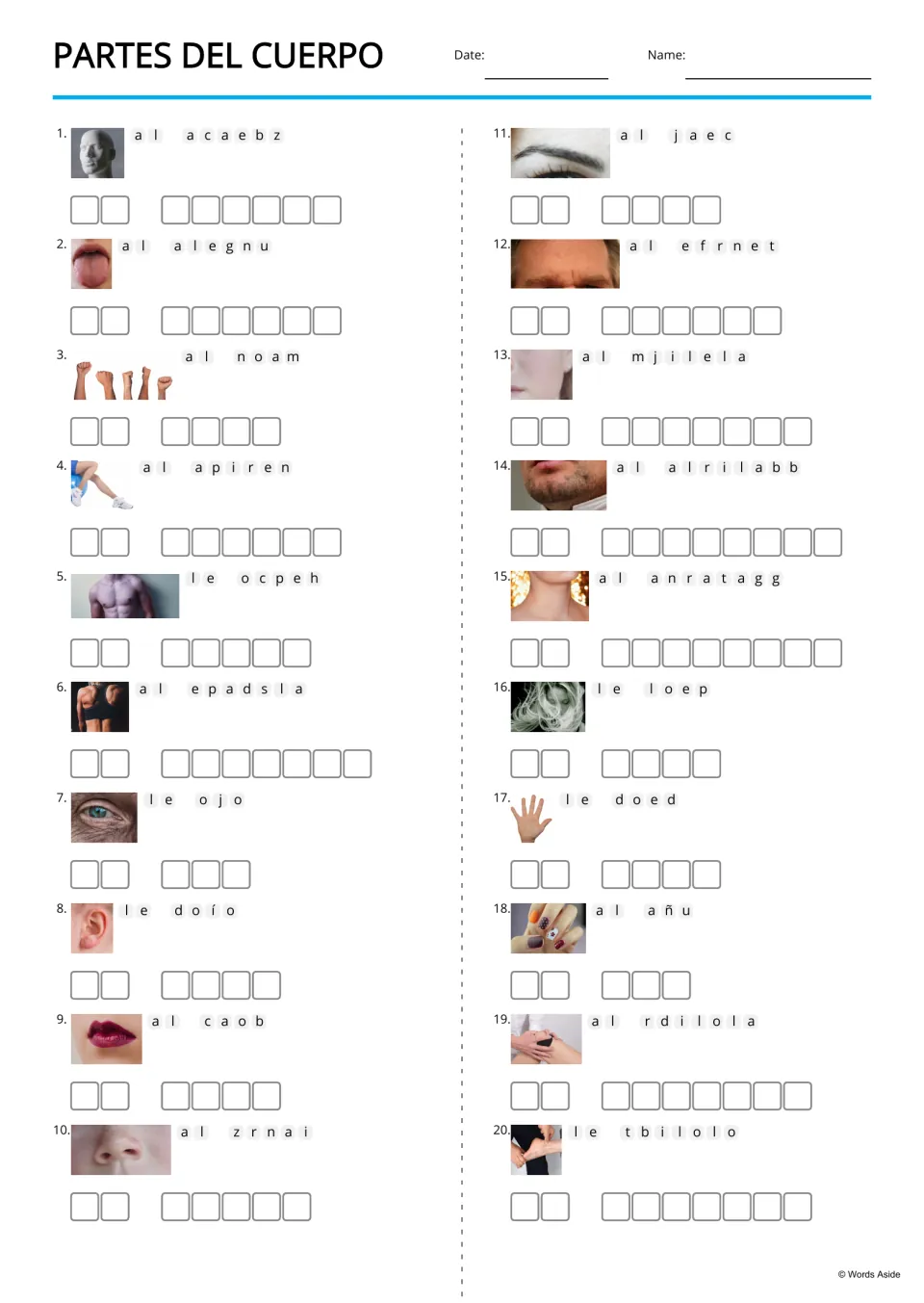 Partes del cuerpo anagrams: students unscramble 20 Spanish body-part words such as la cabeza, each shown with a photo