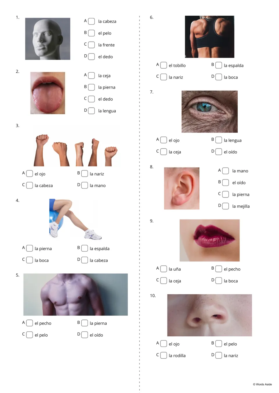 Body-part multiple choice, items 1-10: students view a photo such as a head or tongue and tick the Spanish word from A-D