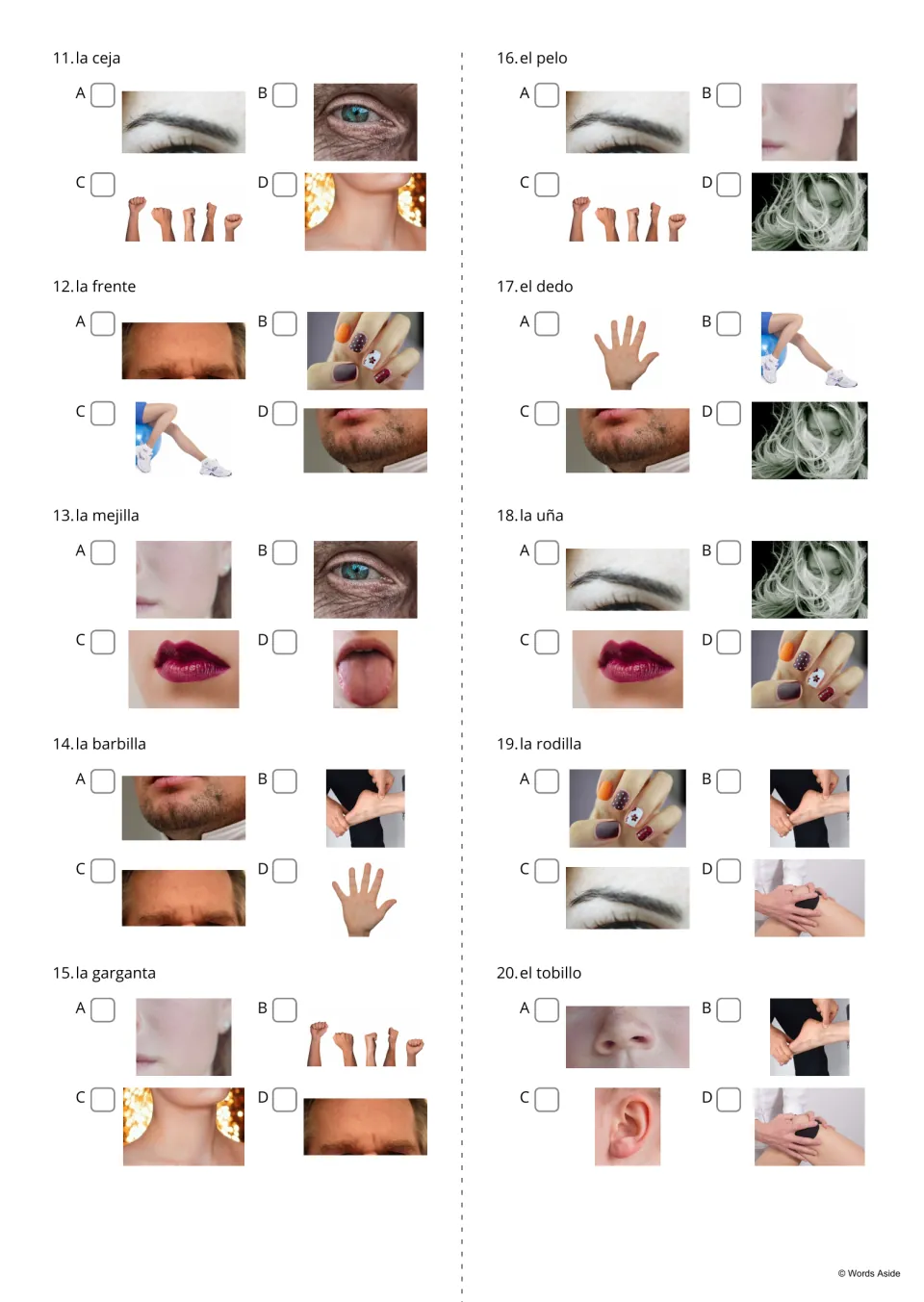 Word-to-picture multiple choice, items 11-20: students select the photo for la ceja, el pelo, la rodilla, el tobillo