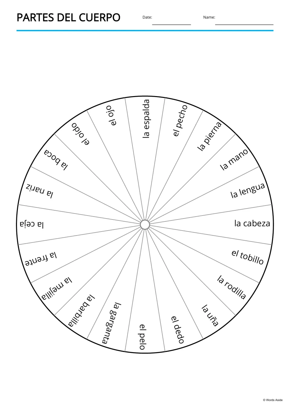 Partes del cuerpo word wheel: 20 Spanish body-part words, from la espalda to el tobillo, printed around a divided circle