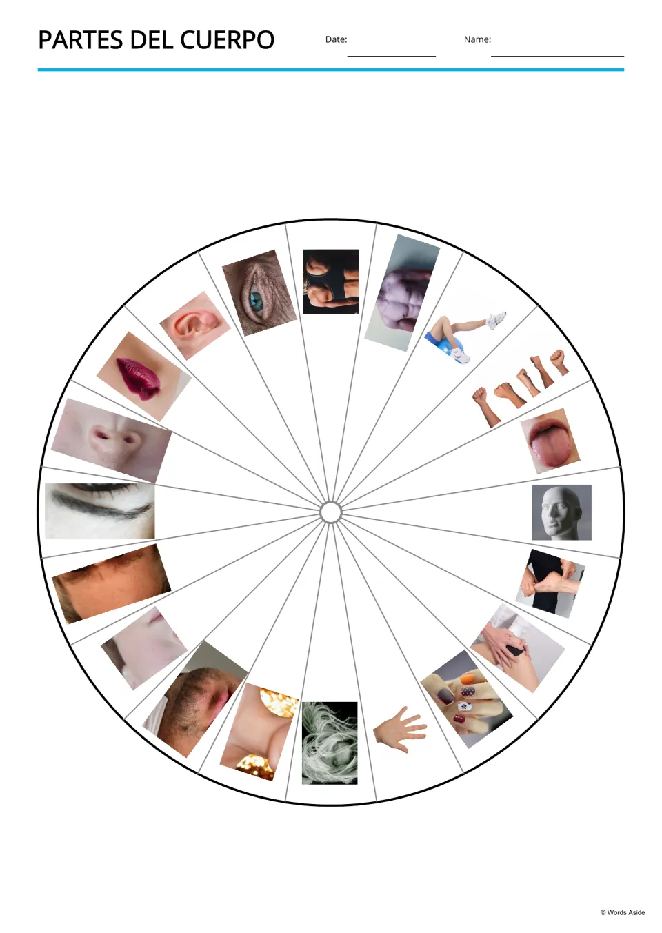 Partes del cuerpo picture wheel: 20 body-part photos, including an eye, ear, lips and hand, placed around a divided circle