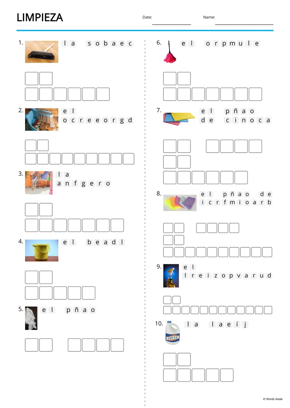 Spanish cleaning anagrams 1–10 use photos to cue words including la escoba (broom) and el balde (bucket).