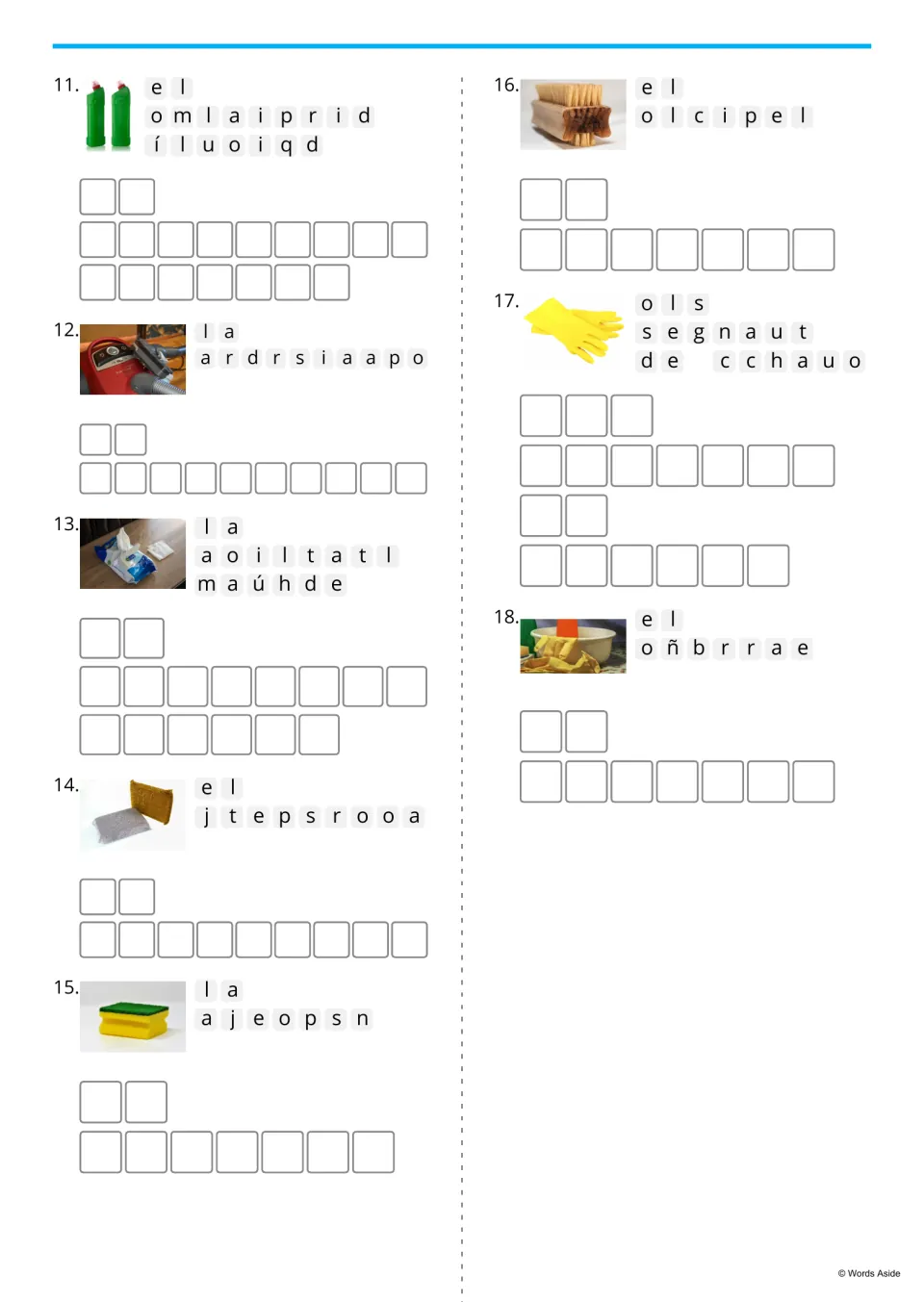 Spanish cleaning anagrams 11–18 use photos to cue terms including la esponja (sponge) and el cepillo (brush).