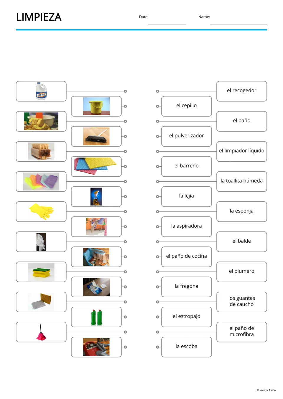 Spanish cleaning matching sheet pairs 18 photos with terms including la lejía (bleach) and el paño (cloth).