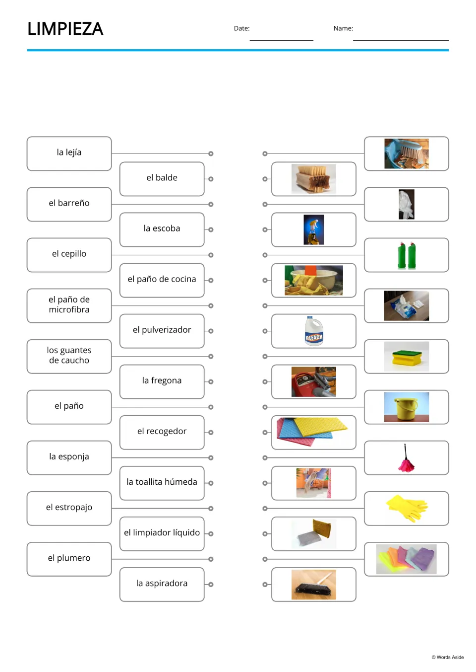 Spanish cleaning matching sheet pairs 18 written terms with photos, including el plumero (duster).