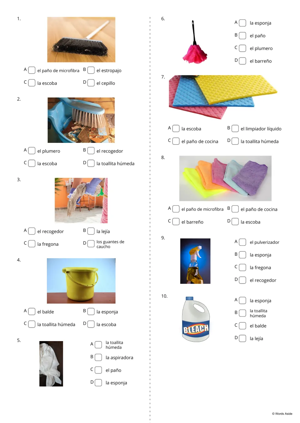 Spanish cleaning photo quiz, items 1–10: choose terms for a broom, dustpan, mop, bucket, and six more items.