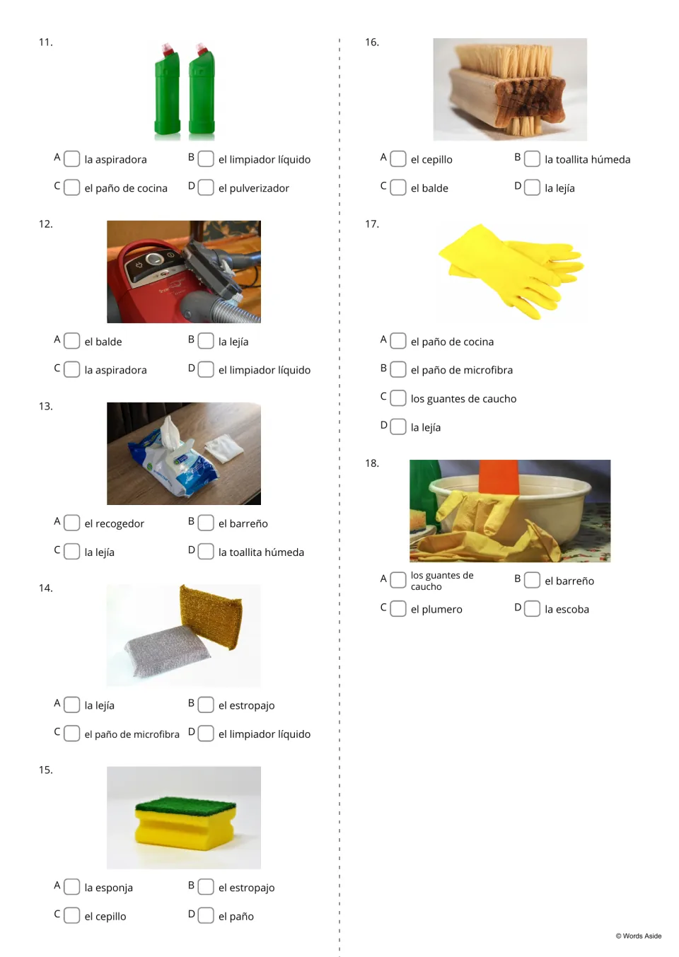 Spanish cleaning photo quiz, items 11–18: choose terms for liquid cleaner, a vacuum, wipes, and five more.