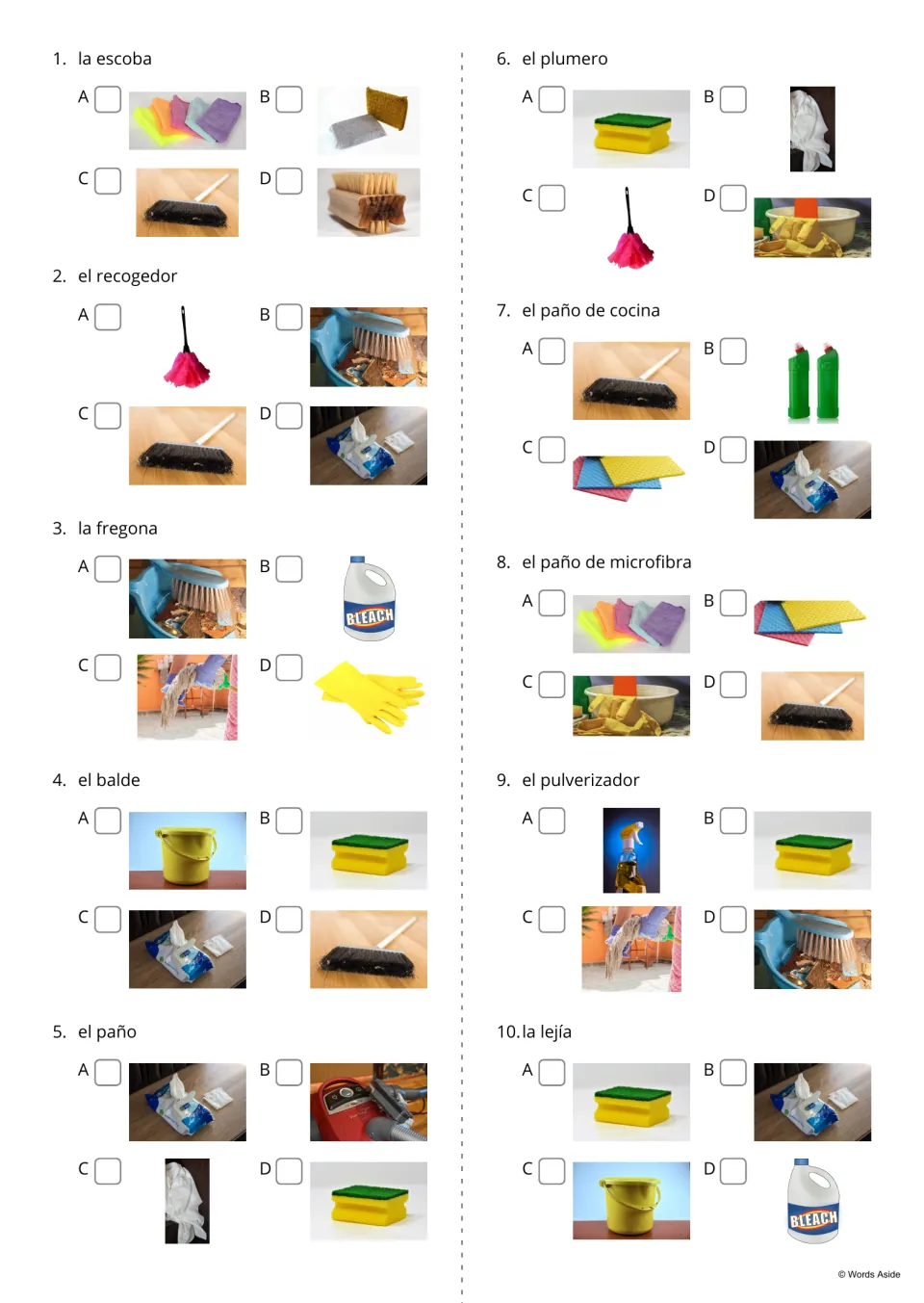 Spanish cleaning word quiz, items 1–10: choose photos for terms including la escoba (broom) and la lejía (bleach).