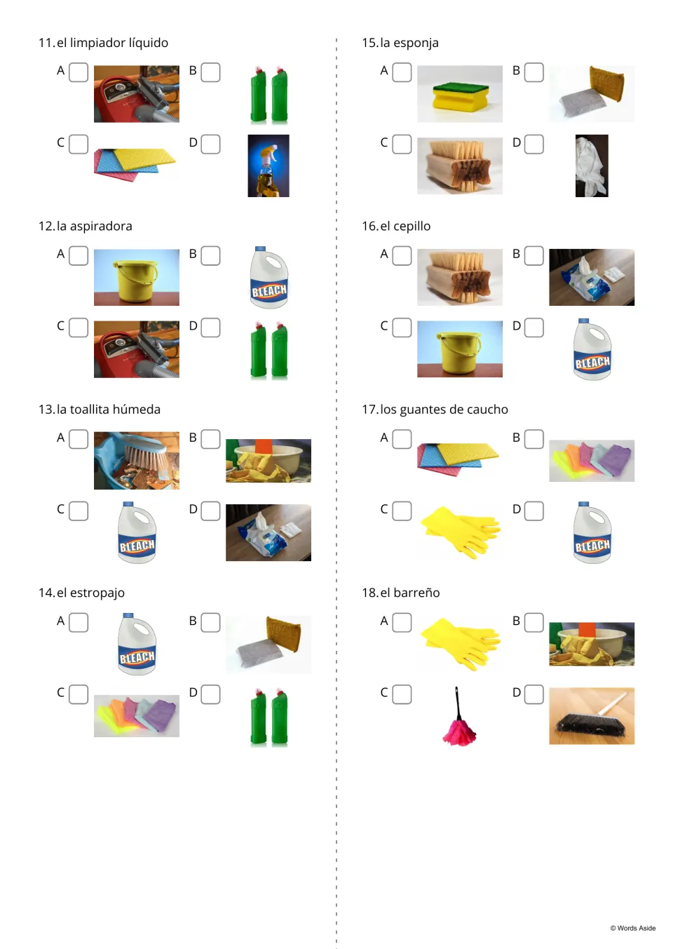Spanish cleaning word quiz, items 11–18: choose photos for terms including el cepillo (brush) and seven more.