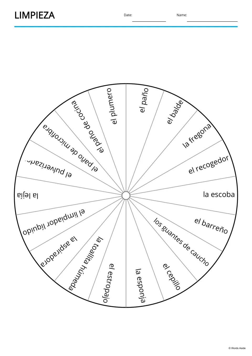 Spanish cleaning word spin-wheel template has 18 terms, including el paño (cloth) and la fregona (mop).