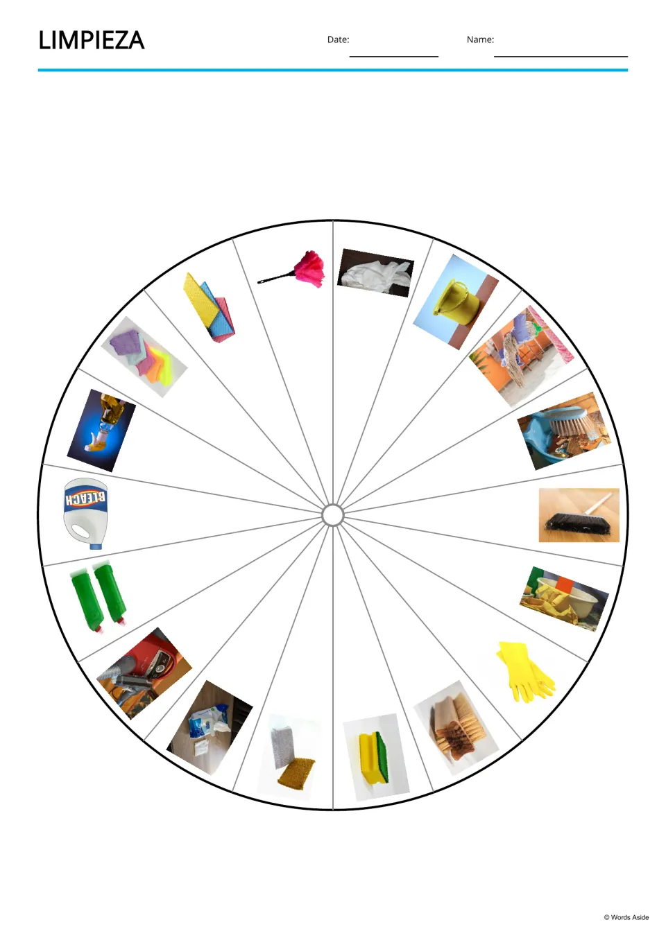 Spanish cleaning picture spin-wheel template shows 18 vocabulary photos, including a broom, mop, and bucket.