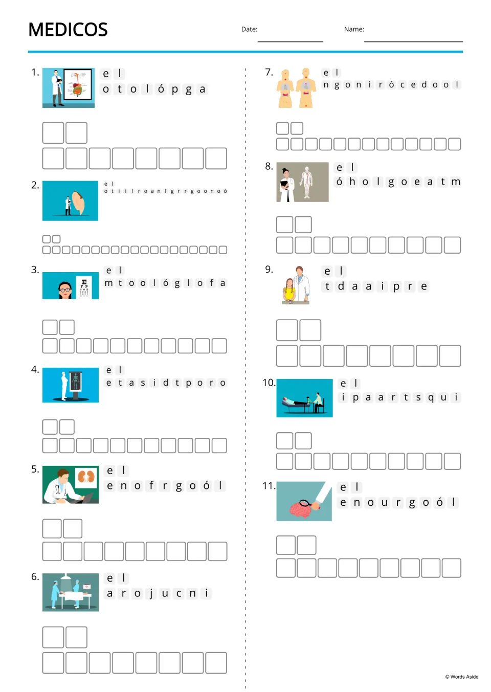 Spanish medical profession anagrams 1–11, including patólogo (pathologist) and cirujano (surgeon), with pictures