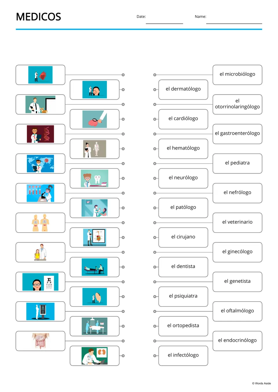 Spanish matching exercise pairing 20 medical profession pictures with names, including pediatra (pediatrician)