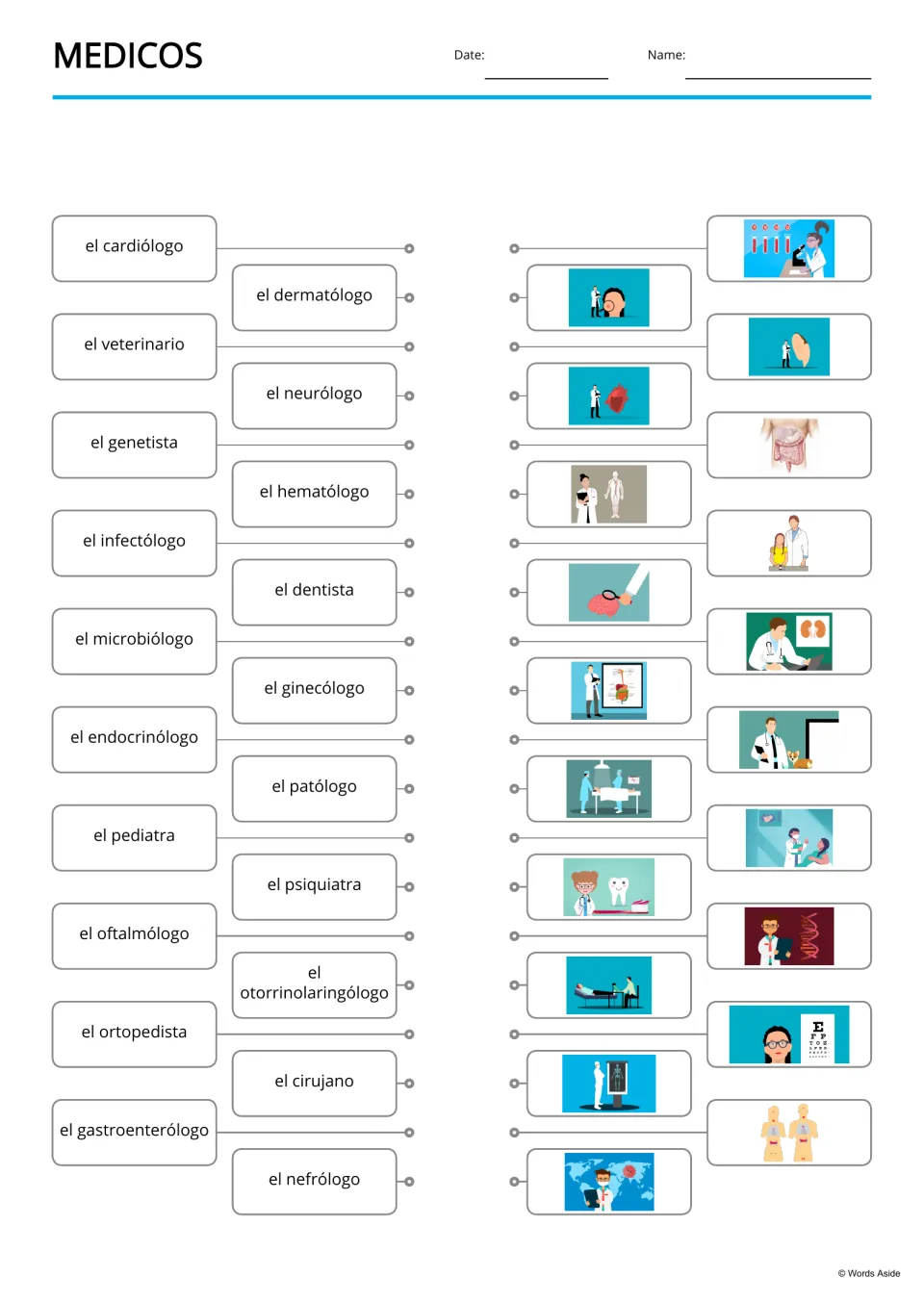 Spanish matching exercise pairing 20 medical profession names with pictures, including dentista (dentist)