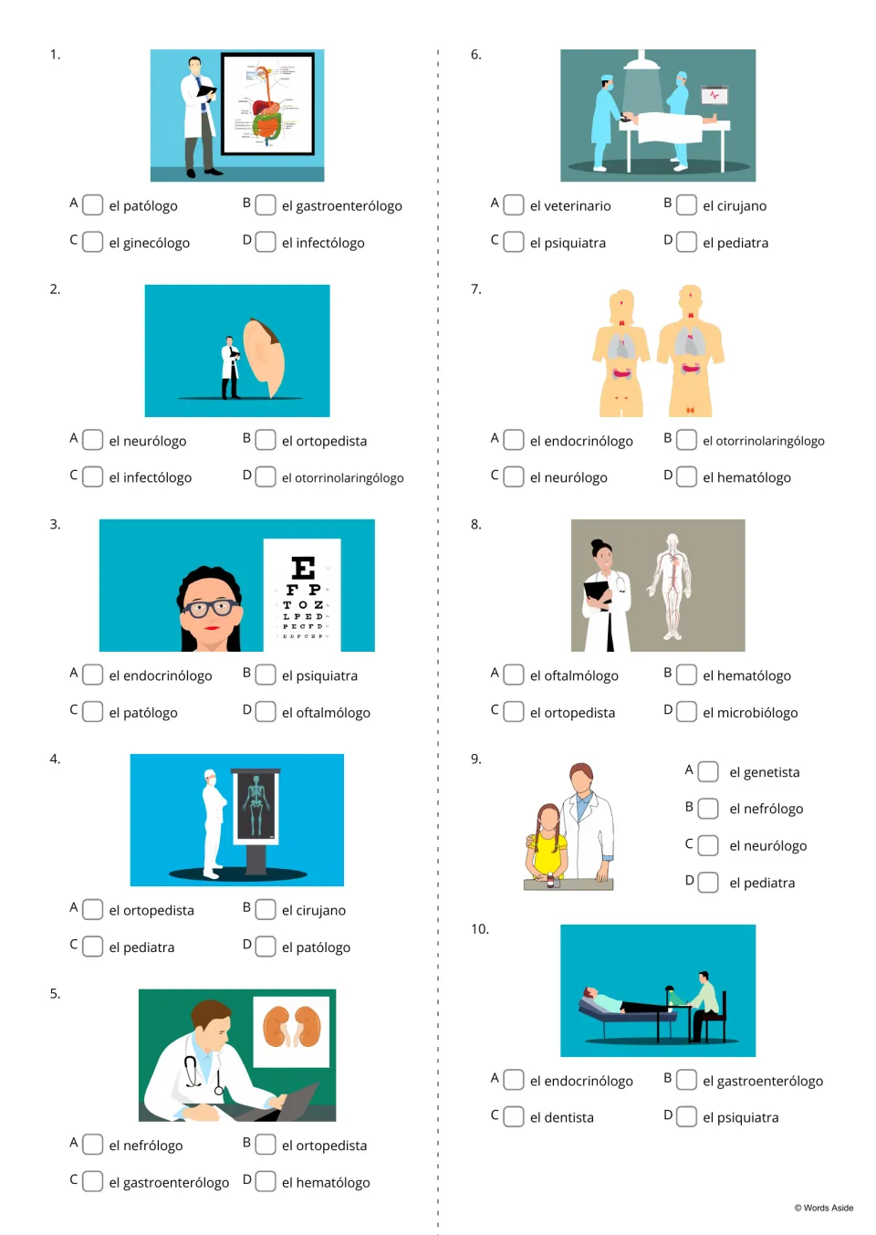 Spanish picture-to-word quiz 1–10: choose medical profession names, including oftalmólogo (ophthalmologist)