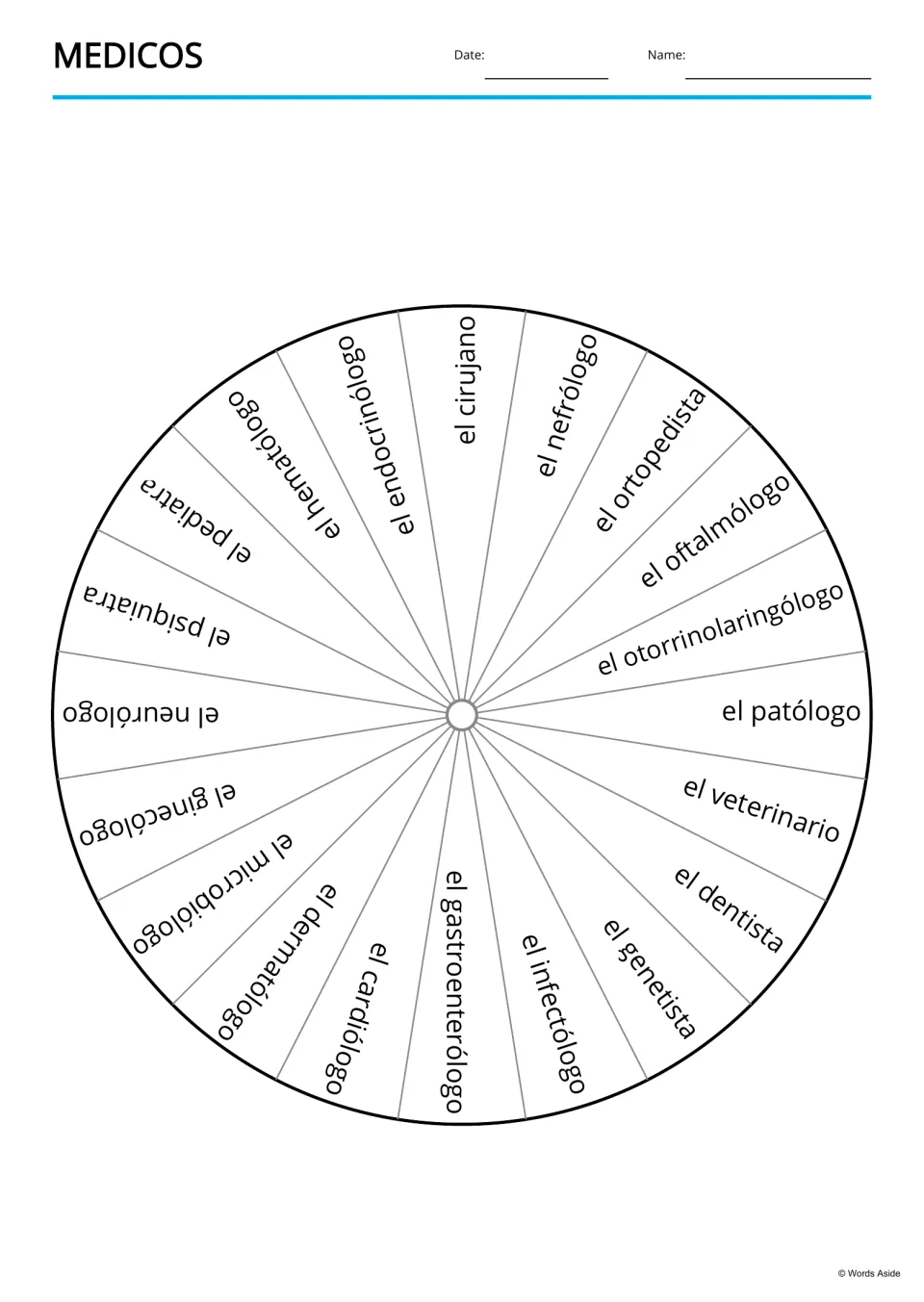 Spanish vocabulary wheel of 20 medical profession names, including nefrólogo (nephrologist), for flashcards
