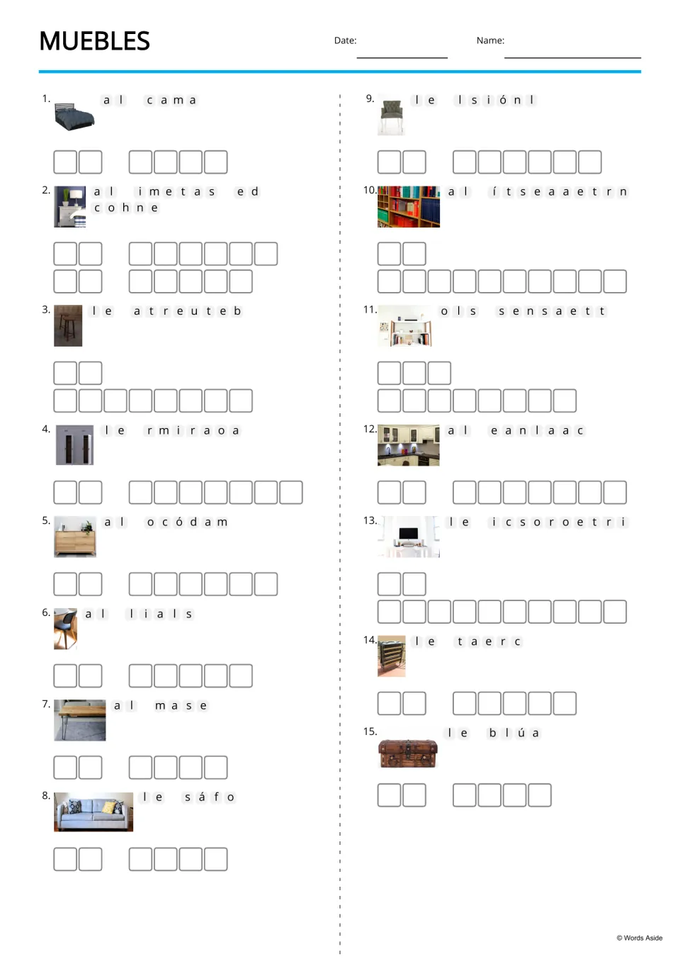 Spanish furniture anagram activity for 15 pictured terms, including la cama (bed) and la silla (chair)